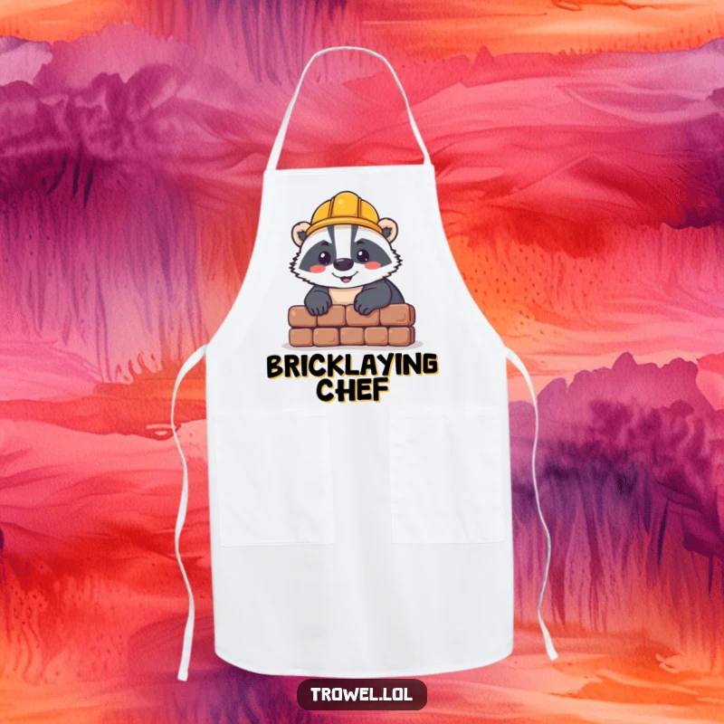 Funny badger apron, cheerful character in hard hat laying brick, humorous kitchen or workshop gift.