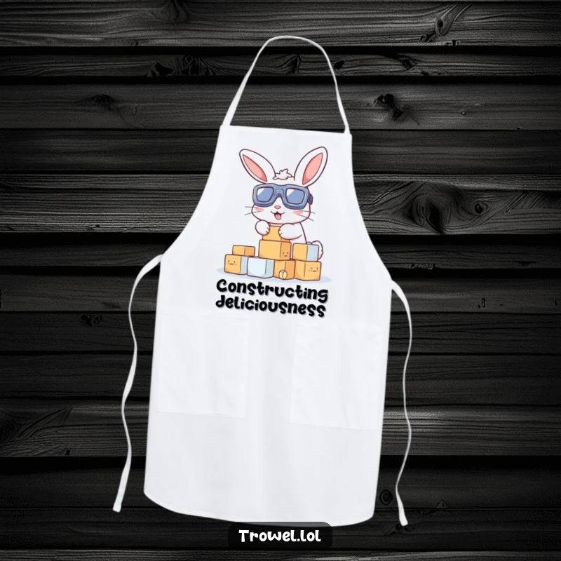 Funny apron showing a bunny in goggles, focused on stacking small blocks, perfect for kitchen antics and construction-themed parties.