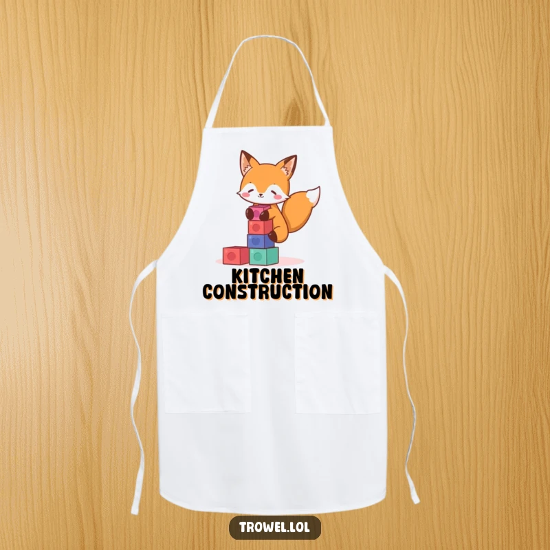 Funny fox apron depicting a playful character busy stacking colorful blocks, adding a touch of fun to kitchen activities.