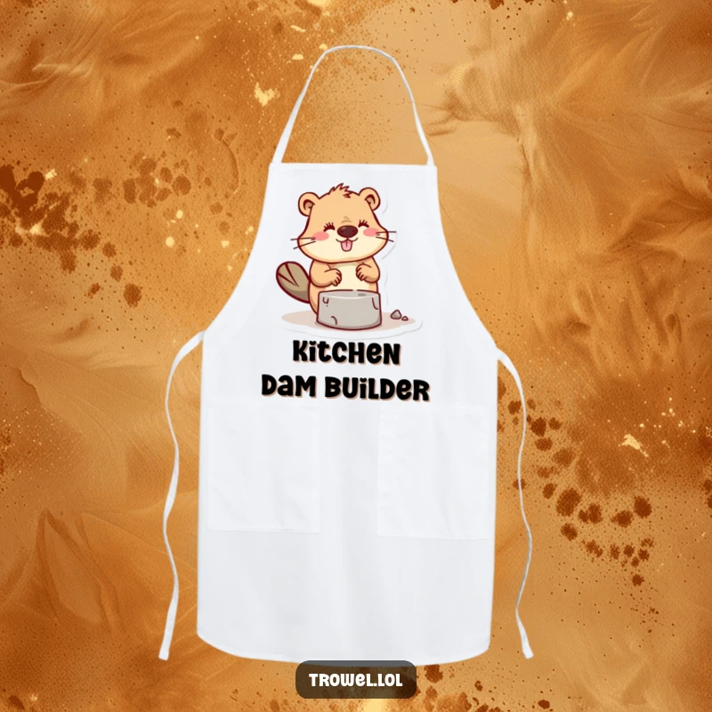 Funny Beaver Apron for the kitchen, showing a character trowelling mortar, great for cooks.