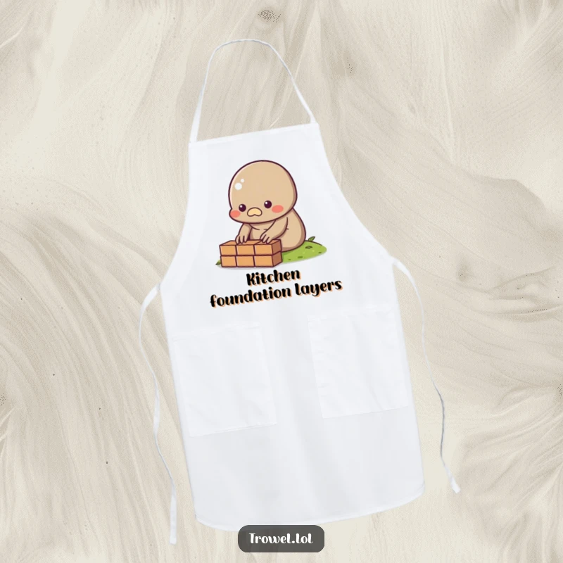 Funny Mole Apron for the kitchen, showing a character laying a brick, great for cooks.