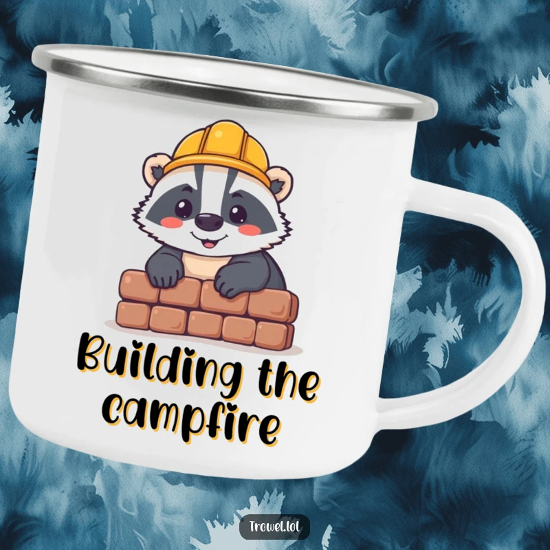 Funny badger camping mug, cheerful worker in hard hat laying brick, outdoor adventure, construction humor, rugged gift.