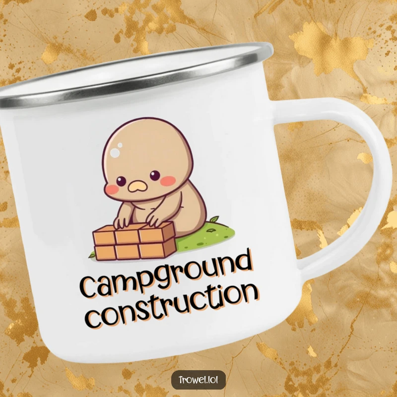Funny Mole Camping Mug featuring a character laying a brick, celebrating construction and adventure.