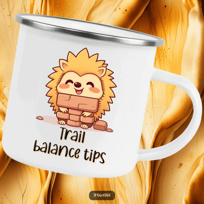 Funny hedgehog camping mug featuring a cheerful character balancing a brick on its nose, ideal for hot beverages in the wild.