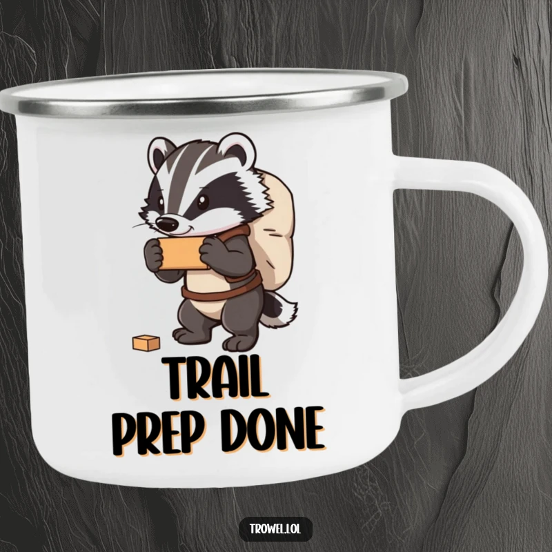 Funny badger camping mug showing a strong character carrying a large bag of bricks, perfect for hearty drinks in the wild.