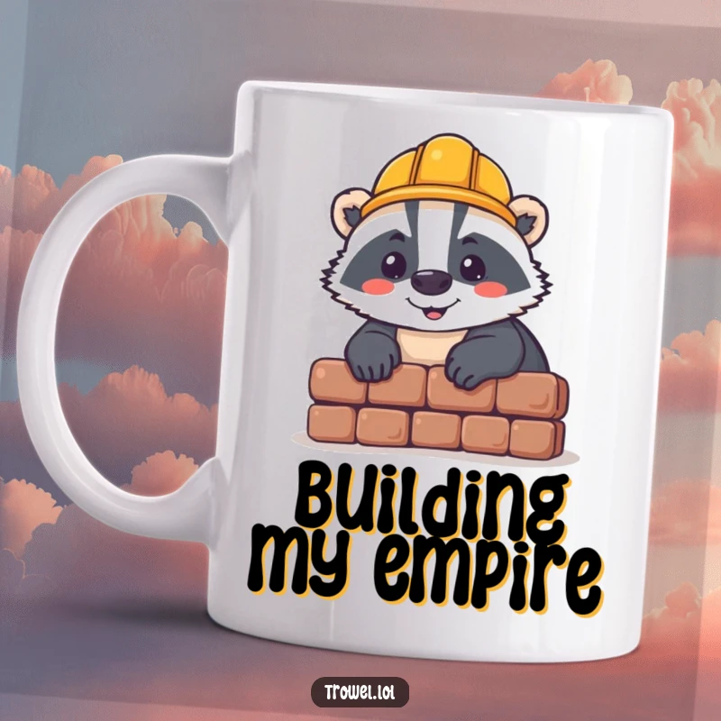 Funny badger mug, cheerful builder wearing hard hat laying a brick, construction humor, DIY enthusiast gift.