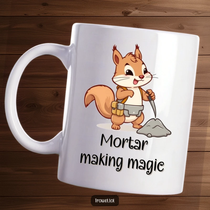 Funny squirrel mug, energetic builder with tool belt mixing cement, construction humor, DIY enthusiast gift.