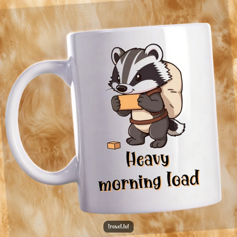 Funny badger mug showing a strong character hauling a heavy bag of bricks, radiating resilience and a hint of humor.