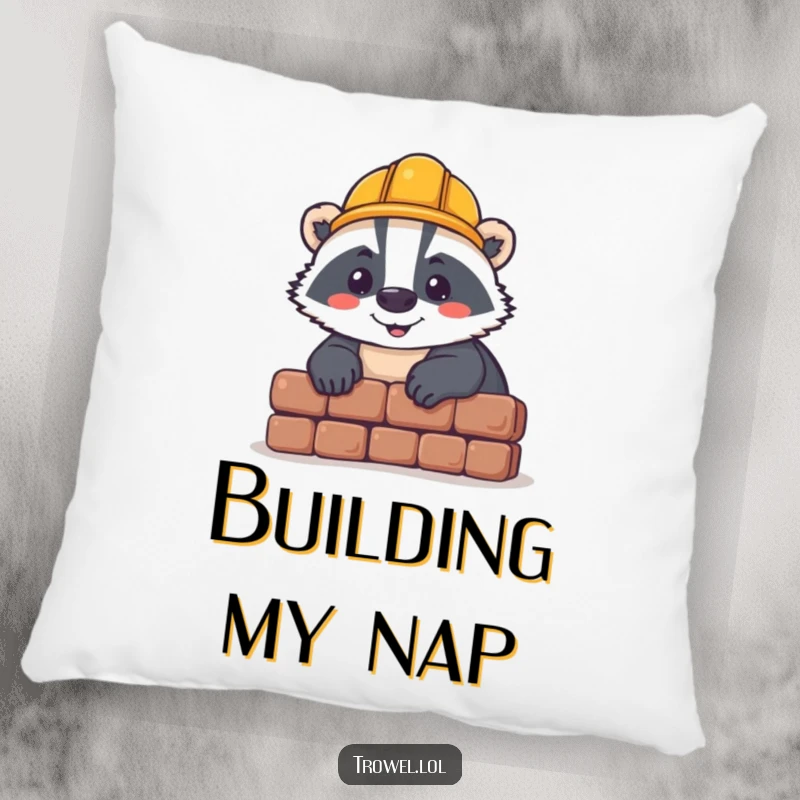 Funny badger pillow, cheerful worker laying a brick, hard hat, soft cushion, construction comfort gift.