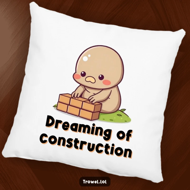 Funny Mole Pillow featuring a character laying a brick, a symbol of progress and comfort.