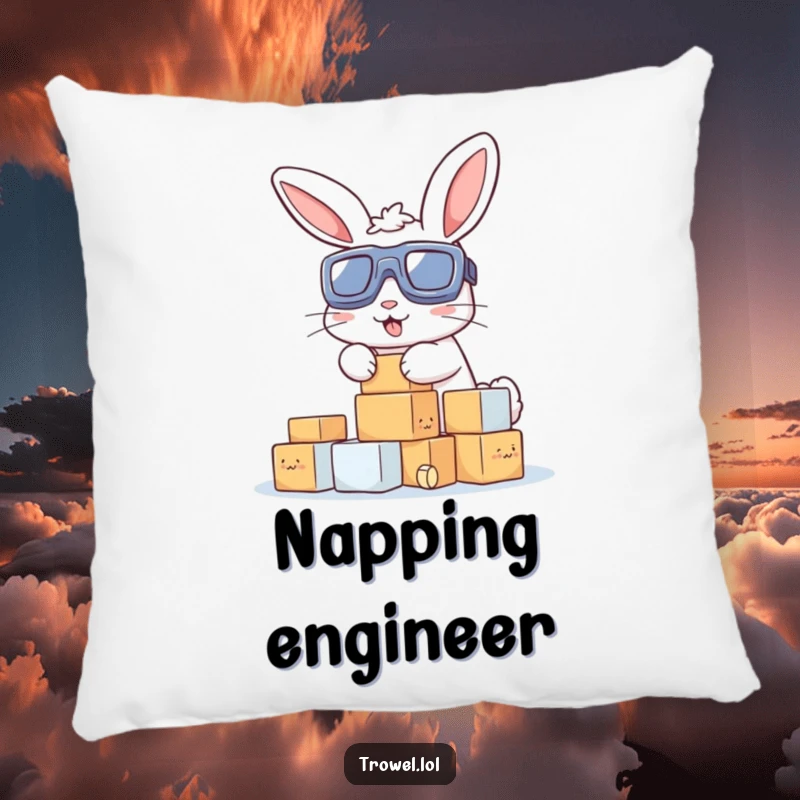 Funny pillow featuring a determined bunny wearing goggles, stacking small building blocks with enthusiastic effort, offering comfort and humor.