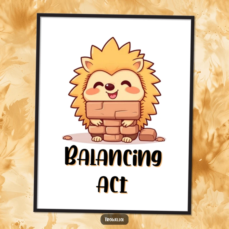 Funny hedgehog digital art print of a cheerful character balancing a brick on its nose, ready to be printed and add humor.