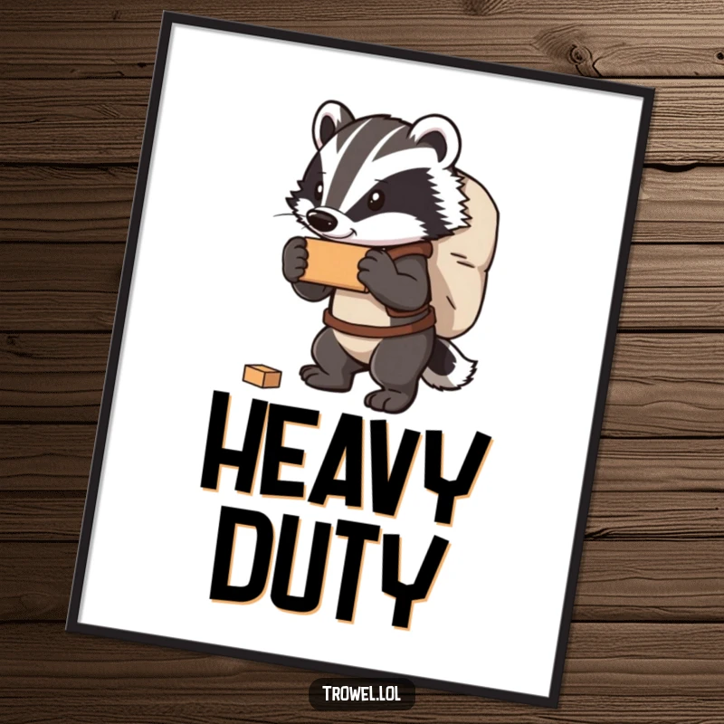 Funny badger digital art print of a strong character carrying a large bag of bricks, ready to print and add powerful humor.