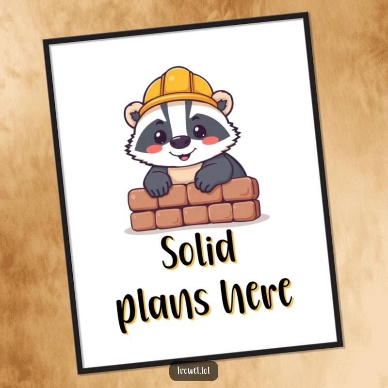 Funny badger digital art print, cheerful character laying brick, hard hat, instant download decor, construction theme.