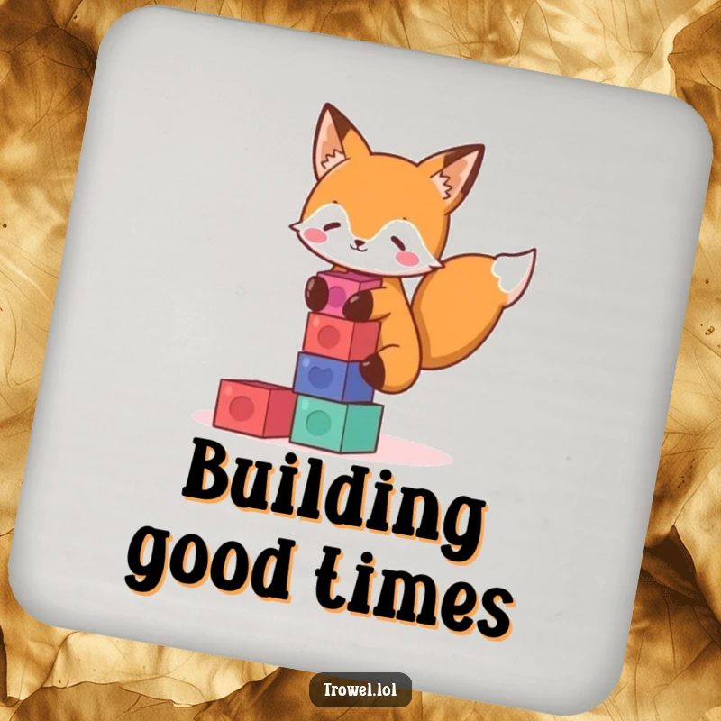 Funny fox drink coaster featuring a playful character stacking colorful blocks, adding a touch of whimsy to your table.