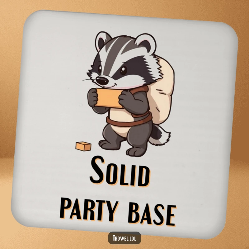 Funny badger drink coaster featuring a strong character carrying a large bag of bricks, adding a humorous and robust touch.