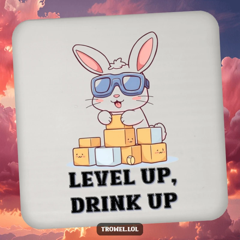 Funny drink coaster featuring a bunny in goggles stacking small blocks, adding a humorous and protective element to any table.