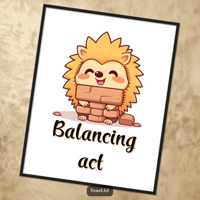Funny hedgehog poster featuring a cheerful animal with impressive focus, balancing a brick on its nose, creating a humorous visual.