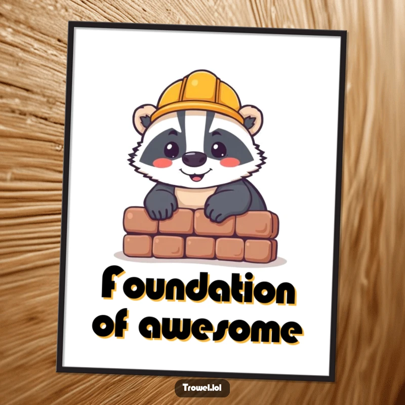 Funny badger poster, cheerful character in hard hat laying brick, construction theme, motivational workshop art, builder gift.
