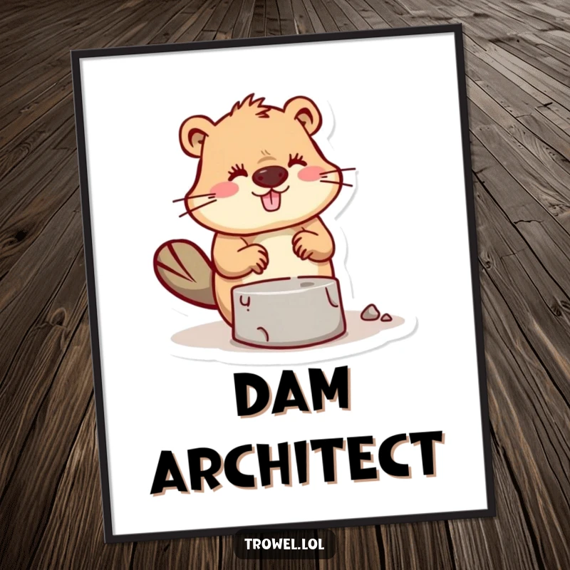 Funny Beaver Poster showing a busy beaver character expertly trowelling mortar, symbolizing industriousness and skill.