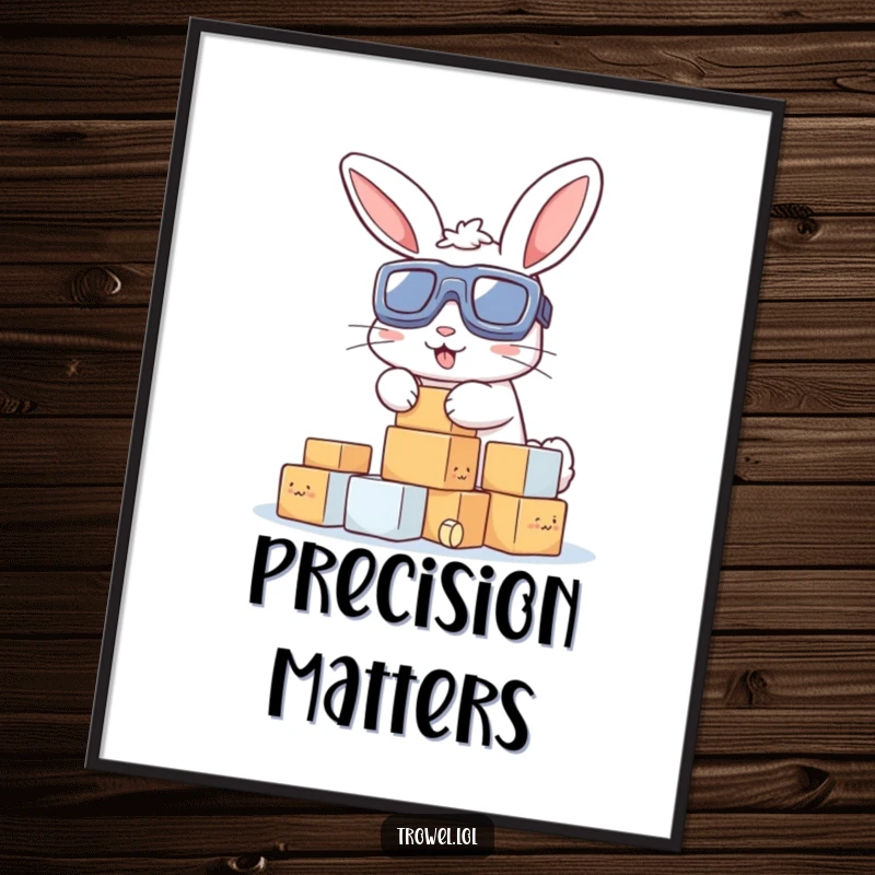 Funny poster print: A cute bunny in goggles expertly stacking small blocks, celebrating the joy and absurdity of construction projects.