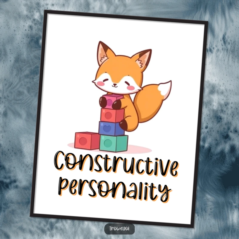 Funny fox poster illustrating a playful character engrossed in stacking colorful blocks, adding a touch of creative fun to any room.