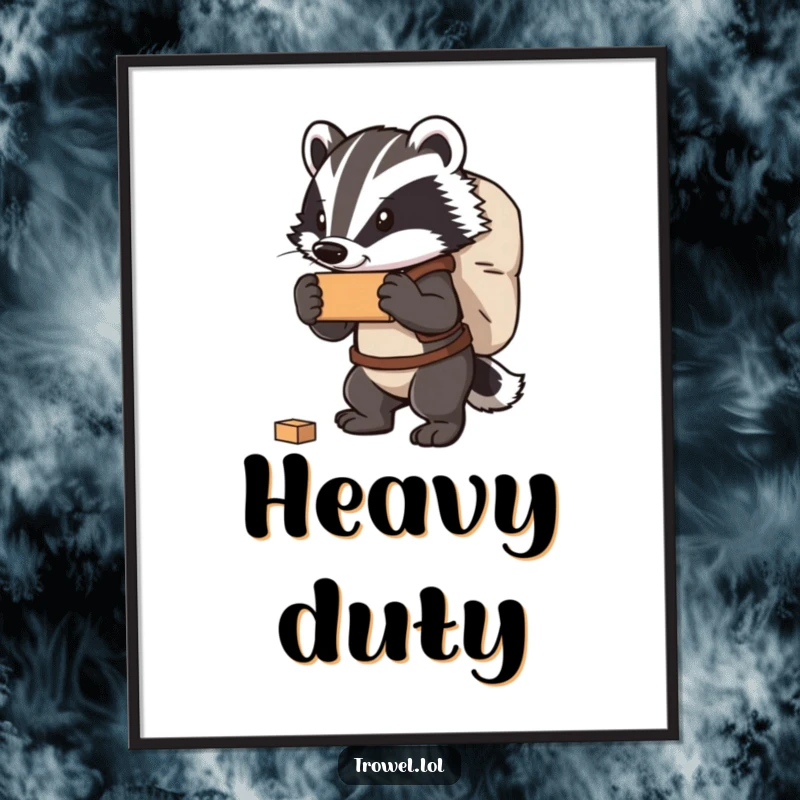 Funny badger poster illustrating a strong character carrying a heavy bag of bricks, conveying a message of resilience with humor.