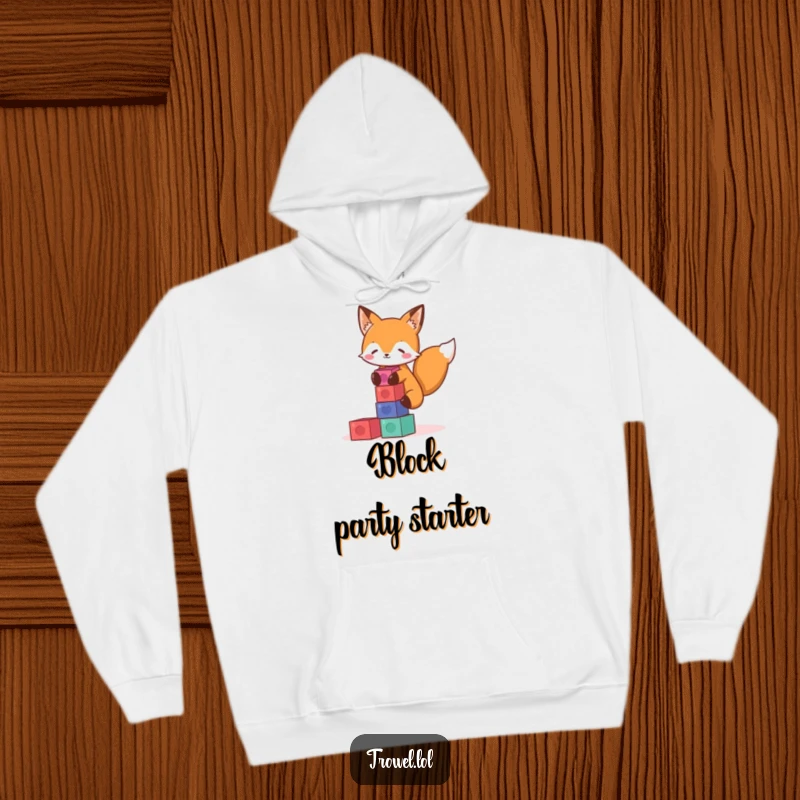 Funny fox hoodie featuring a playful character building a tower of colorful blocks, offering warmth and whimsical charm.
