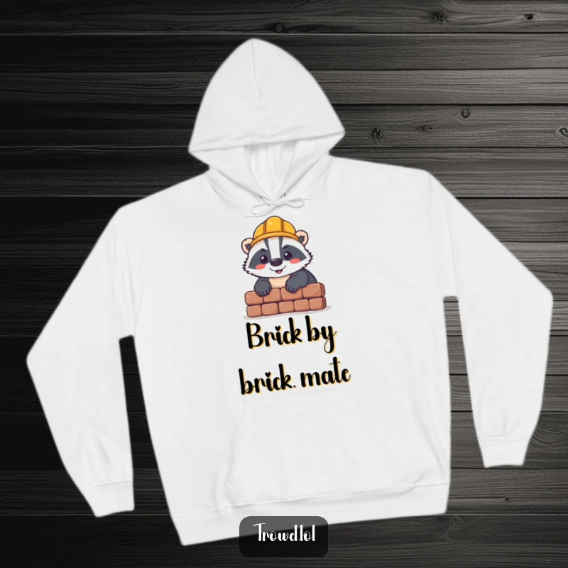 Funny badger hoodie, cheerful worker in hard hat laying brick, cozy apparel, construction job humor gift.
