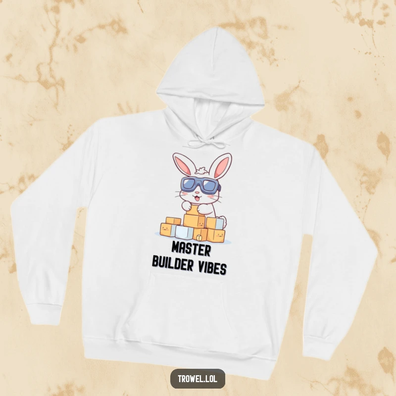 Funny hoodie: A cheerful bunny in goggles, enthusiastically stacking small blocks, representing dedication, fun, and a touch of building silliness.