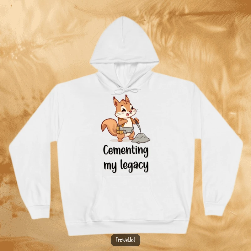 Funny squirrel hoodie, energetic worker in tool belt mixing cement, cozy apparel, construction job humor gift.