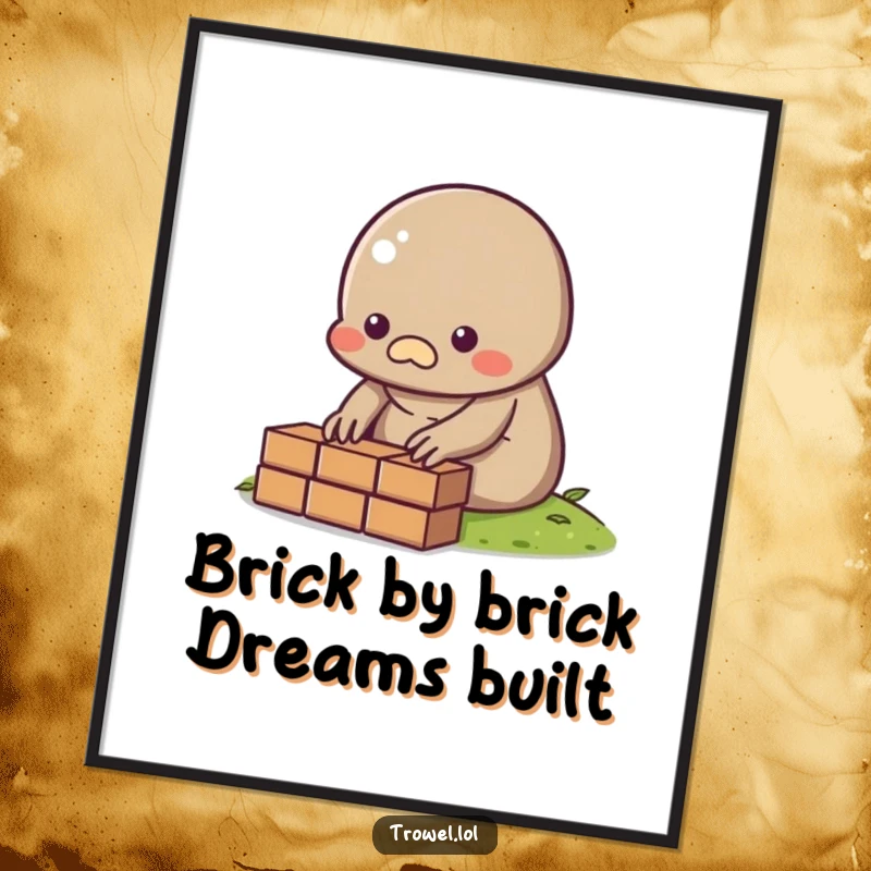 Funny Free Printable Wall Art: Small, determined mole character laying a single brick, representing steady progress and effort.