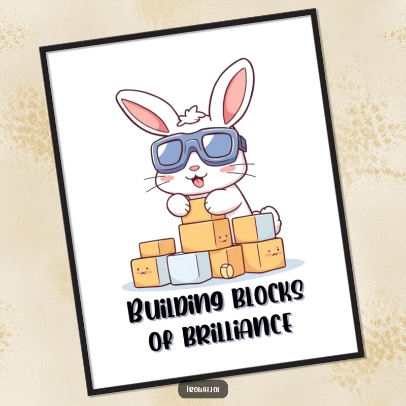Funny Free Printable Wall Art: A determined bunny in goggles focused on balancing a precarious stack of small blocks.