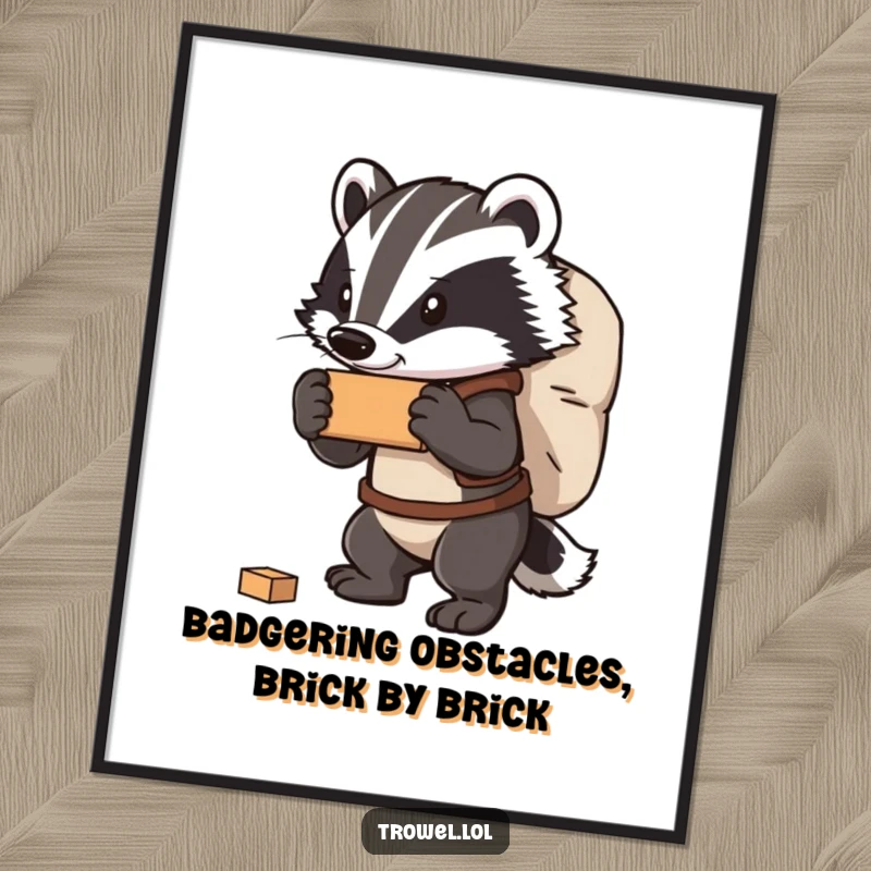 Funny free printable wall art showcasing a powerful badger character carrying a large, overflowing bag of bricks with a confident stance.