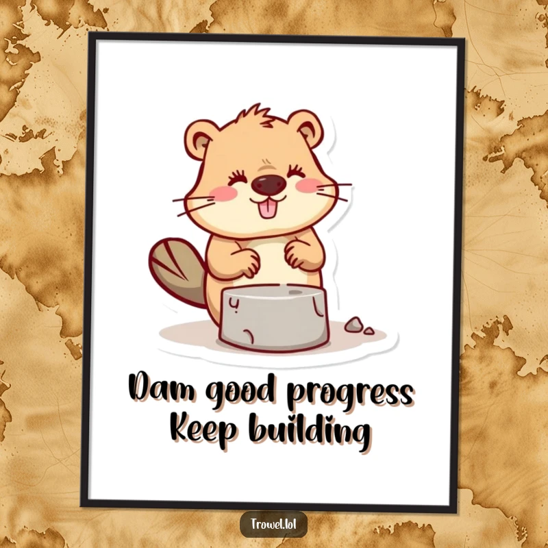 Funny Free Printable Wall Art: Busy beaver character expertly trowelling mortar, building a foundation of charm.