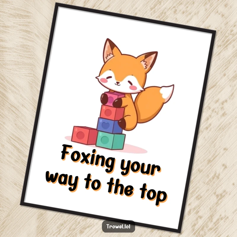 Funny free printable wall art depicting a clever fox concentrating on stacking colorful toy blocks, creating a playful scene.