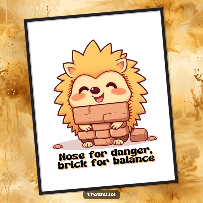 Funny free printable wall art of a determined hedgehog balancing a big red brick on its nose, bringing humor to any room.