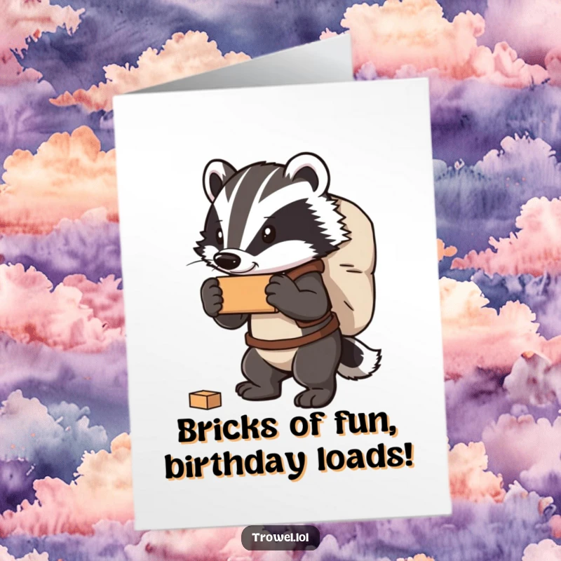Funny free printable birthday card showing a strong badger character with a determined expression, carrying a large sack of bricks.
