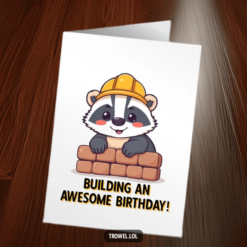 Funny Free Printable Birthday Card: Cheerful badger in a hard hat, laying a brick, building a foundation for birthday celebrations.