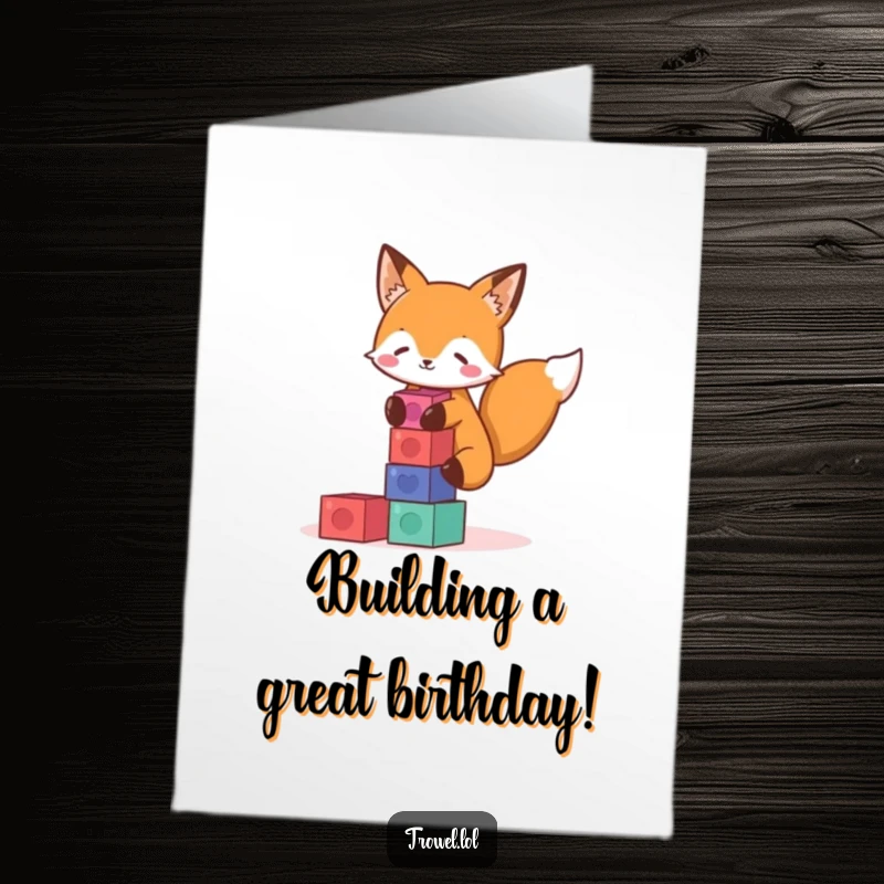 Funny free printable birthday card with a happy fox character concentrating on stacking colorful toy blocks, a picture of fun.
