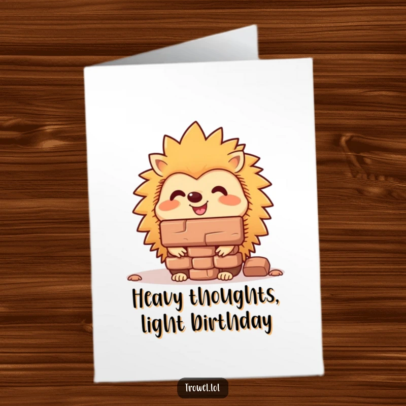 Funny free printable birthday card featuring a cheerful hedgehog expertly balancing a brick on its nose with a determined grin.