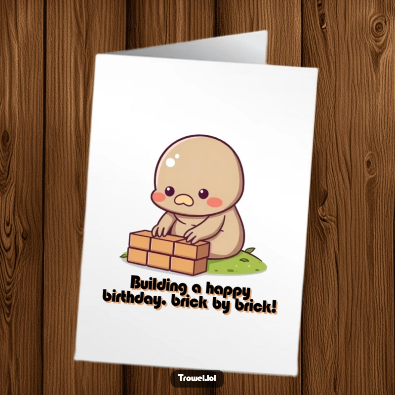 Funny Free Printable Birthday Card: Small, determined mole character carefully laying a single brick, symbolizing steady efforts.