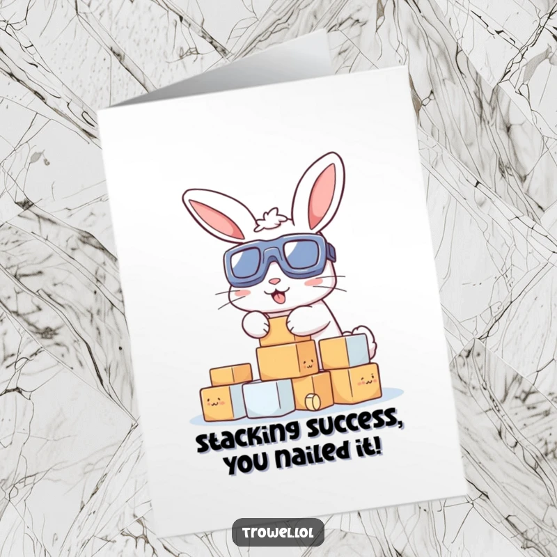Free Printable Congratulations Card: Goofy bunny in goggles stacking blocks, celebrating a major accomplishment with glee.