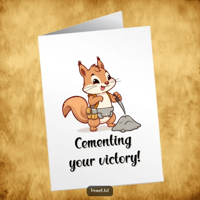 Funny Free Printable Congrats Card: Energetic squirrel in a tool belt, eagerly mixing cement, symbolizing the creation of their success.