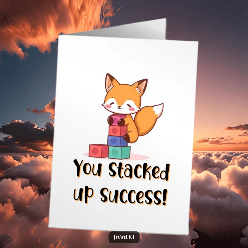 Funny free printable congratulations card showing a cute fox focused on building a tower of colorful blocks with a happy expression.