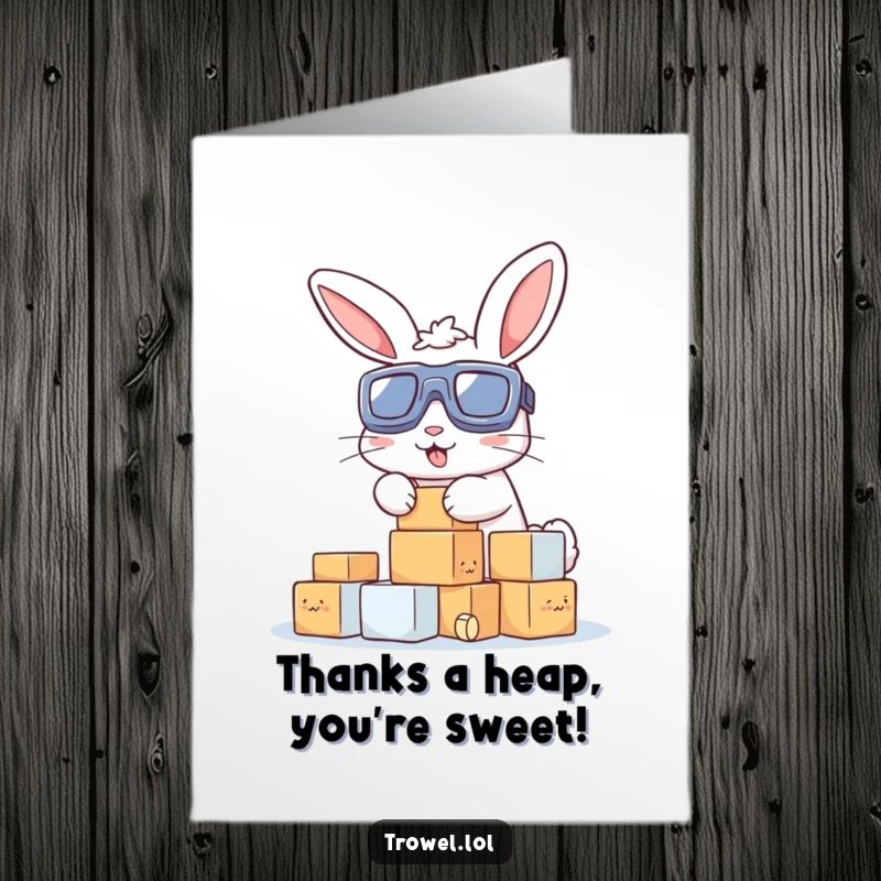 Funny Free Printable Thank You Card: Energetic bunny wearing goggles stacking blocks high, expressing joyful thanks.