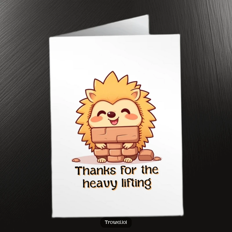 Funny free printable thank you card with a happy hedgehog masterfully balancing a large brick on its snout. A great thank you.