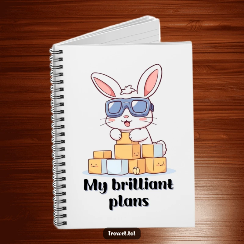 Funny notebook with a cover showing a bunny wearing goggles, enthusiastically stacking small blocks, inspiring creative construction and note-taking.