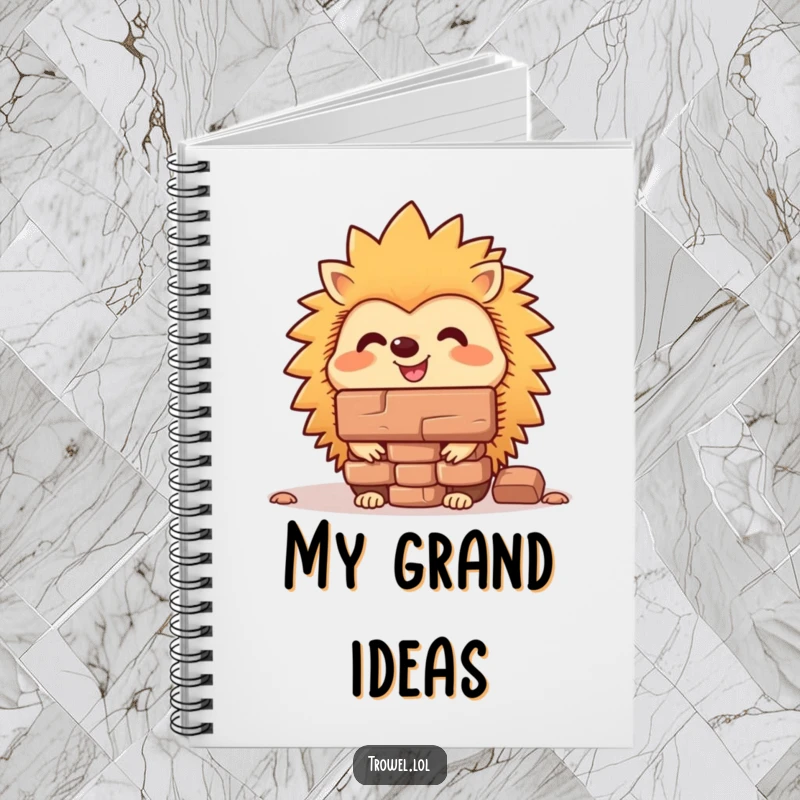Funny hedgehog notebook with a cheerful character balancing a brick on its nose, perfect for notes and humorous doodles.
