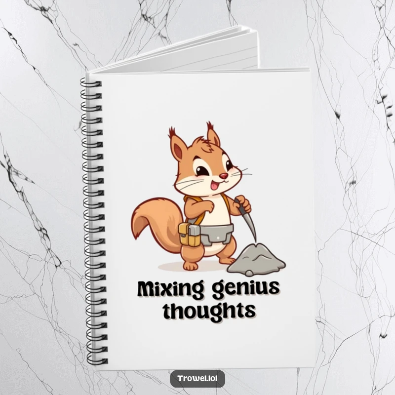 Funny squirrel notebook, energetic character mixing cement, tool belt, project planner, DIY journal gift.